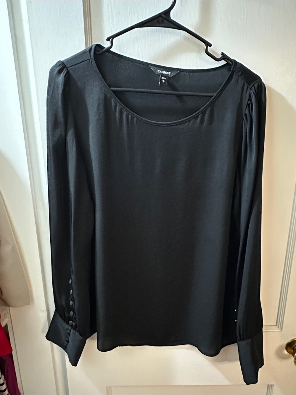 Express Black Satin-Effect Long Sleeve Blouse